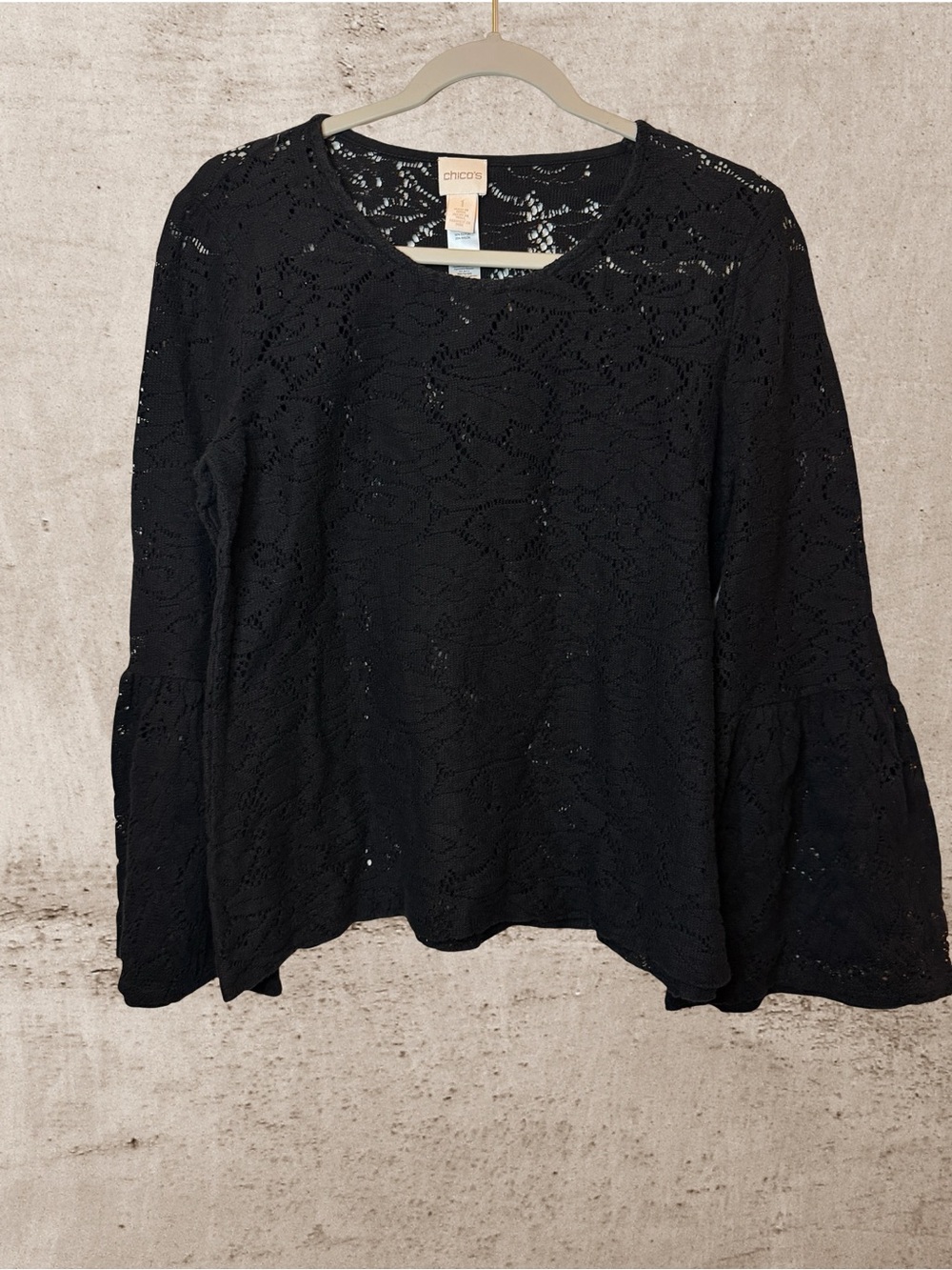 Chico's Chic Black Floral Lace Ruffle Bell Sleeve Top Size Medium Cotton - Picture 2 of 7